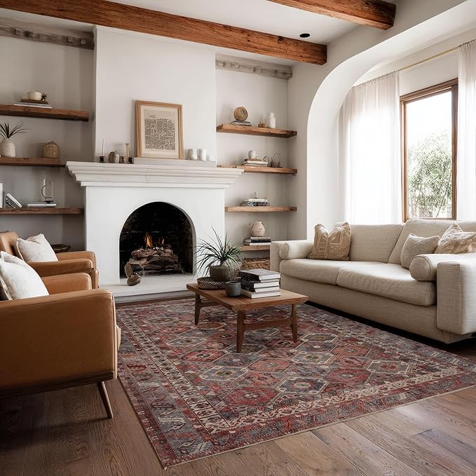 Kuden 4x6 Area Rug, Machine Washable Area Rug with Non-Slip Backing, Vintage Style, Soft, Easy Clean, Low Pile Rug for Living Room, Bedroom, Dining Room