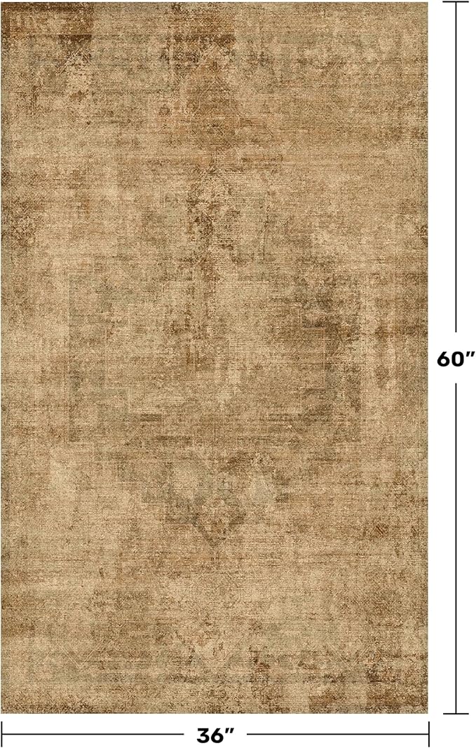 Farmhouse Gold Brown Indoor Rugs for Entryway - 3x5 Low Pile & Soft Area Rug for Bedroom Beside Bed, Laundry Room, Washable Kitchen Carpet Non Slip with Rubber Backing, Medallion Abstract Home Décor