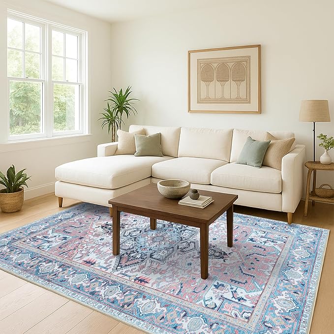 Washable Area Rug. Modern Farmhouse. Vintage. Turkish. Bohemian. Distressed. Oriental. Traditional. Rugs for Living Room. Dining. Bedroom. Office. Entryway. Foyer. (861NT, 7'5" x 9'8")