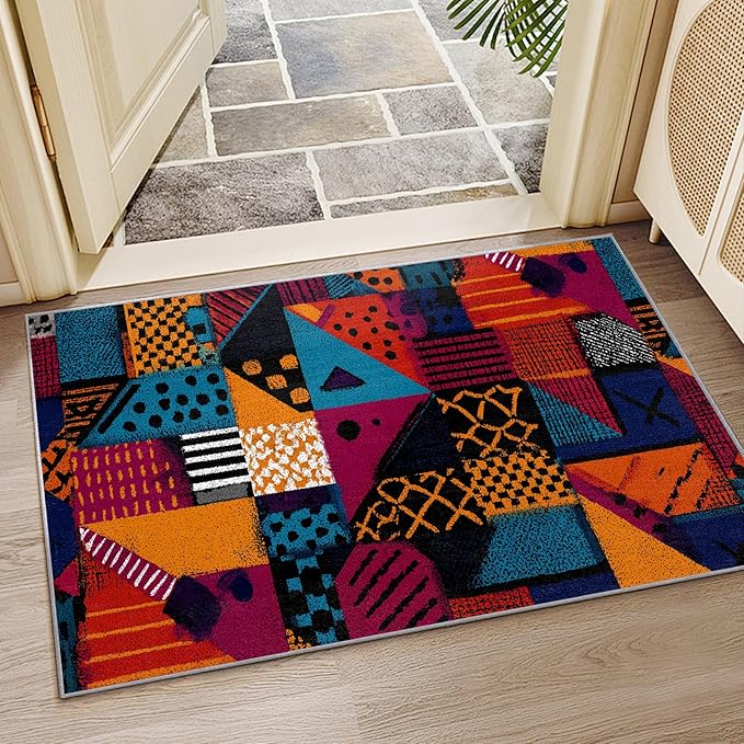 Patchwork Rug - 2x3 Area Rugs, Geometric Abstract Entryway Rug, Multicolor Retro Aesthetic Low Pile Fade Resistant Indoor Small Mats Home Decor #C014