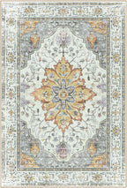 Area Rugs Square 6ft Washable Non-Slip, Floral Vintage Distress Print Pattern Medallion Carpet for Living Room Bedroom Dining Room, Light Yellow Carbon Grey Orange
