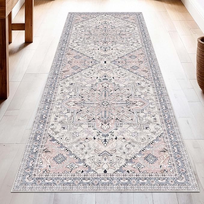 Washable Runner Rug 2x6 | Non Slip Rug Runners for Hallways, Entryways, Kitchens, Bathrooms, Bedrooms | Ultra-Soft Flannel Carpet Runners with Rubber Backing (Beige Blue, 2x6)