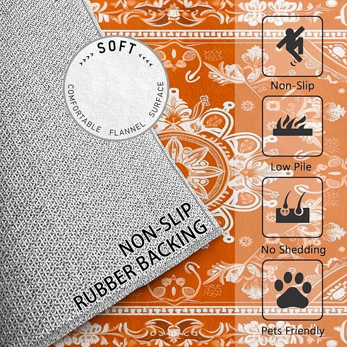 Mandala Rugs for Living Room - 7x9 ft, Vintage Floral Rug, Orange Mandala Rugs for Living Room Bedroom, Boho Medallion Washable Area Rug Soft Carpet, Meditation Boho Ethnic Home Decor & Gifts