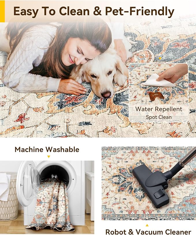 Area Rugs 6ft Washable Non-Slip, Floral Vintage Distress Print Pattern Medallion Carpet for Living Room Bedroom Dining Room, Beige Navy Blue Orange Colorful