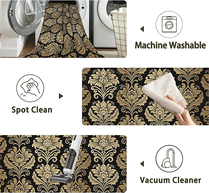 Black Damask Flower Golden Carpet for Living Room, 3x5 Non-Slip Washable Low Pile Abstract Design Rug, Space Saving Area Rug for Bedroom, Dining Room