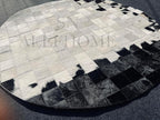 Round Geometric Patchwork Cowhide Leather Area Rug | Washable Non-Slip Carpet for Living Room, Bedroom & Home Décor(6x6 ft_White & Black)