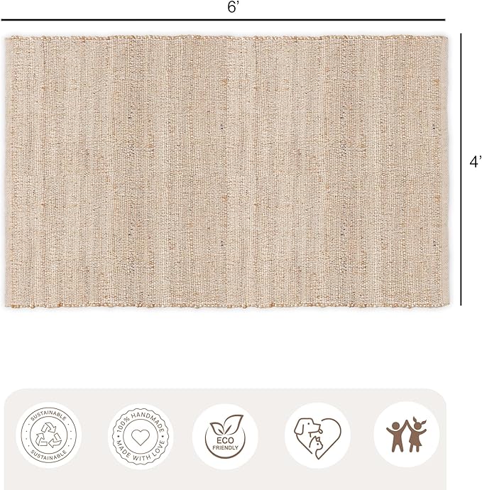 REDEARTH · Jute Cotton Area Rug - 4'x6' Rectangular Rug, Sustainable Handwoven, Non-Shedding, Soft & Durable – Reversible, Neutral Tones for Home Décor in Living Room, Dining Room, Bedroom, Set of 2
