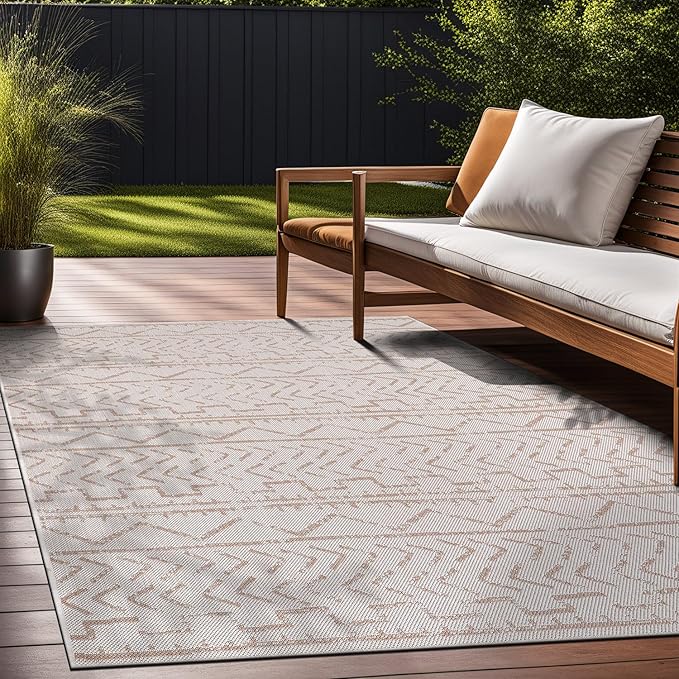 Beverly Rug Waikiki Indoor Outdoor Rug 5x7, Washable Outside Carpet for Patio, Deck, Porch, Trellis Area Rug, Water Resistant, Beige - White