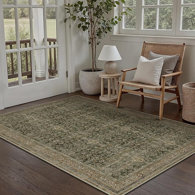Entryway Area Rug 3x5 Green Brown Vintage Washable Office Carpet Traditional Distressed Indoor Entry Soft Non Slip Small Door Mat Retro Low Pile Thin Rug for Kitchen Laundry Bedroom