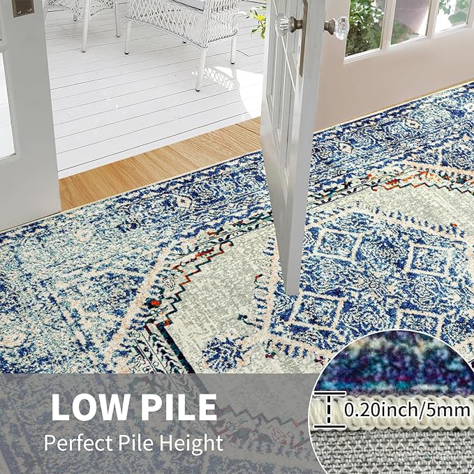 Easy-Going Boho Area Rug 3x5 Entryway Rug Washable Inside Door Mats for Home Entrance Non-Slip Vintage Distressed Small Rugs for Entry Living Room Bedroom Kitchen Office Lightweight Carpet, Blue Cream
