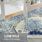 Easy-Going Area Rug 5x7 Washable Boho Rugs for Living Room Non-Slip Bedroom Rug Low Pile Lightweight Medallion Distressed Throw Rug for Dining Room Kitchen Home Office Carpet, Vintage Blue Cream