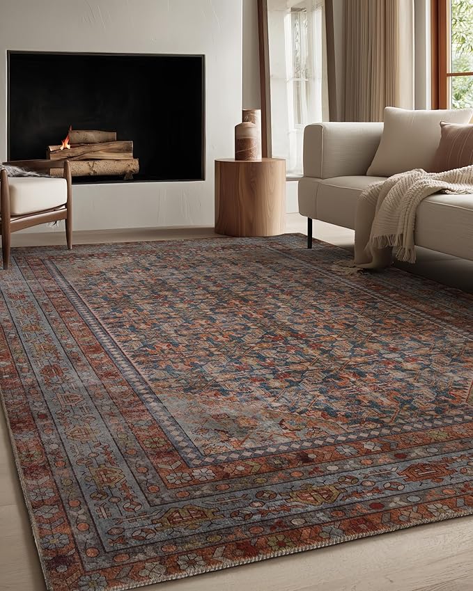 Kuden 8x10 Large Area Rug, Machine Washable Area Rug with Non-Slip Backing, Vintage Style, Soft, Easy Clean, Low Pile Rug for Living Room, Bedroom, Dining Room
