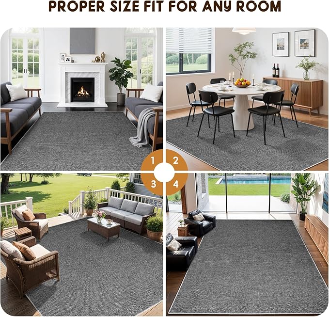 LBRO2M Easy Jute Solid Area Rug 5X7 Washable Rugs for Living Room Bedroom Natural Jute Look Indoor Outdoor Rug Durable, Solid Non Shedding Eco Friendly (5X7 Black Gray)