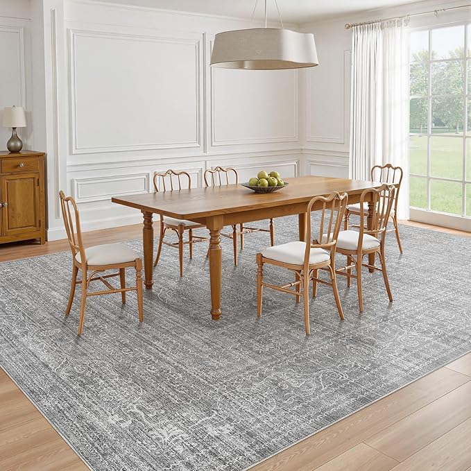Area Rugs 9x12 Living Room: Washable Large Vintage Grey Rug Neutral Non-Slip Soft Stain Resistant Indoor Carpet for Bedroom Nursery Dining Room Under Table Bed Home House Office Playroom