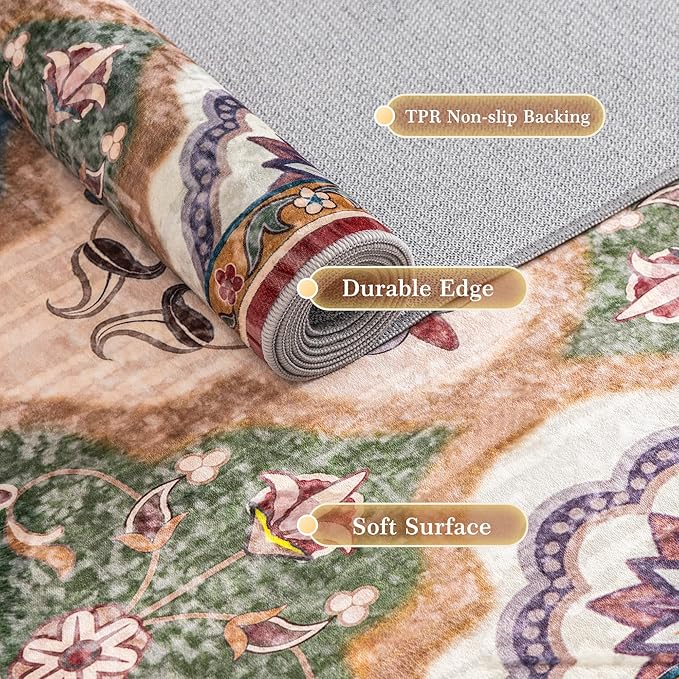 EnHomee Boho Chic 4x6 Washable Rug - Soft, Low Pile & Durable for High-Traffic Living Rooms & Bedrooms Stain Resistant, Non-Slip Easy Clean Carpet in Red&Green