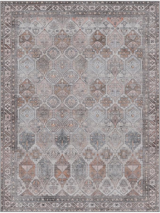 Bavni Washable Rug 6x9 Area Rug for Living Room Bedroom Dining, Washable Vintage Print Carpet, Ultra-Thin Chenille Low Pile Lightweight Rug with Non Slip Backing, Retro Grey