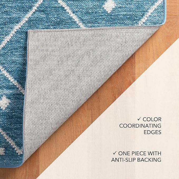 Dash and Albert Kota Machine Washable Area Rug - 4' x 6' Indigo - Diamond Accent Rug - Anti-Slip Backing, Lightweight, Machine Washable, High Traffic Areas Kitchen, Mudroom, Laundry Room