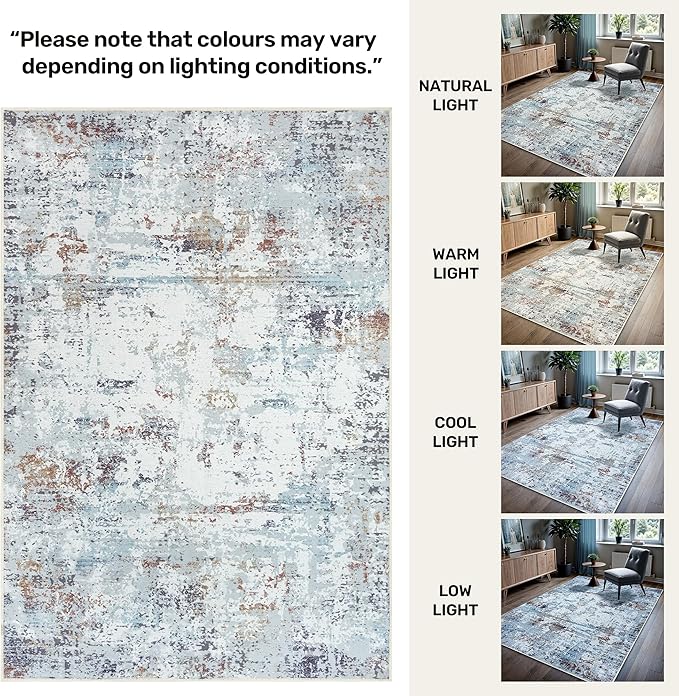 GLN Rugs Contemporary Collection - Machine Washable Area Rug, Contemporary Washable, Non Slip, Low Pile Chenille Rug, Living Room, Bedroom, Kitchen Rug (2' x 3' White/Grey/Blue/Brown)