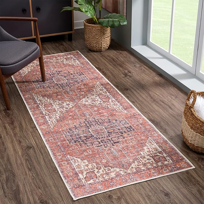 Bloom Rugs Washable 7 ft Runner - Red/Orange/Beige Traditional Runner for Entryway, Hallway, Bathroom, and Kitchen - Exact Size: 2.5' x 7'