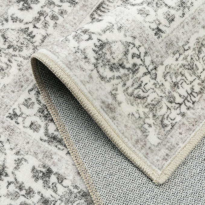 Black Area Rug 10x14 Machine Washable Large Vintage Living Room Distressed Non Slip Carpet Traditional Indoor Bedroom Grey Retro Floral Accent Throw Rug for Office Kitchen Dining Room