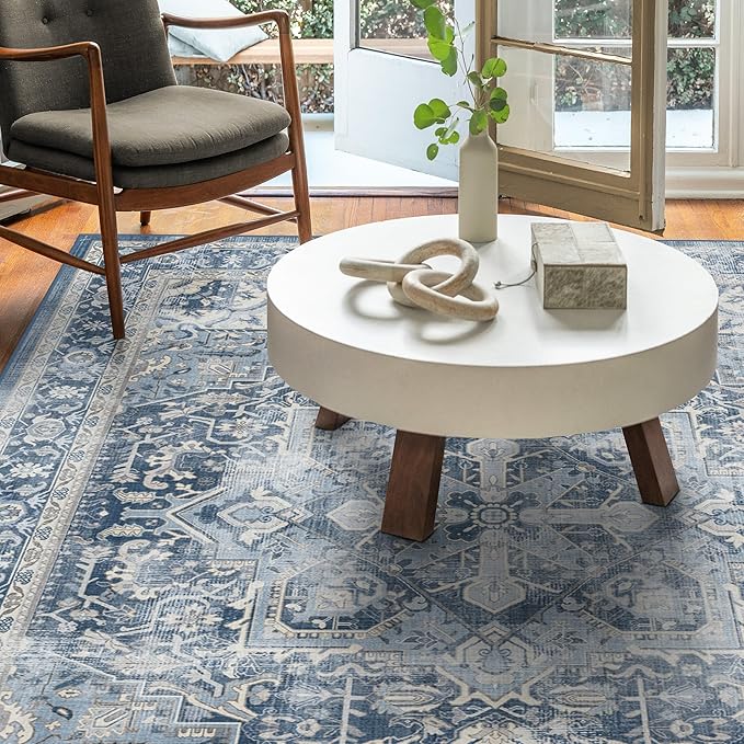 RUGGABLE Washable Area Rug – Kamran Admiral Blue 6x9, Stain-Resistant, Non-Slip – Medium Machine Washable Rugs for Living Room, Bedroom, Hallway, Entryway & Office–with Cushioned Pad
