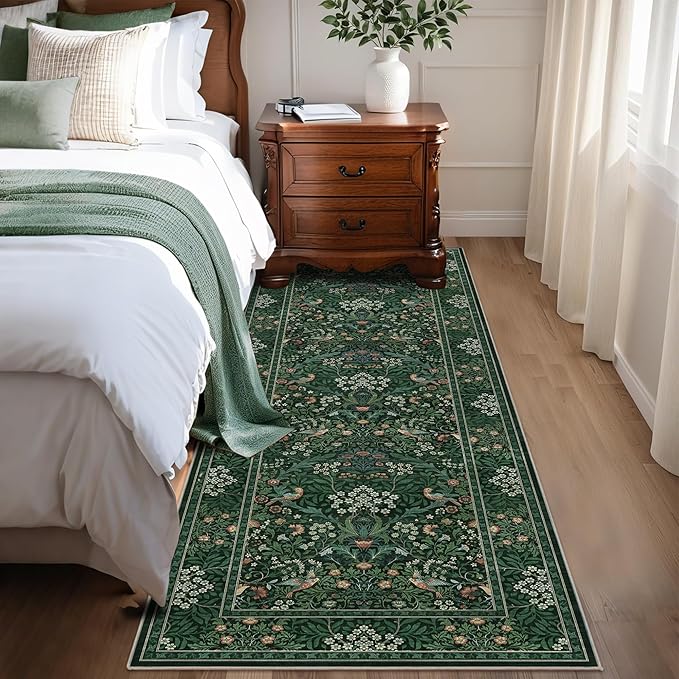 2x6 Floral Washable Area Rugs Soft Runner Rug for Living Room, Vintage Boho Hallway Rug for Bedroom Dining Room, Distressed Botanical Birds Non Slip Low Pile Throw Carpet for Office, Bright Green