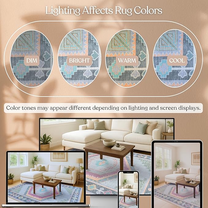 Fame Living Washable Area Rug. Modern Farmhouse. Vintage. Turkish. Bohemian. Distressed. Oriental. Traditional. Rugs for Living Room. Dining. Bedroom. Office. Entryway. Foyer. (856GP, 5' x 6'9")