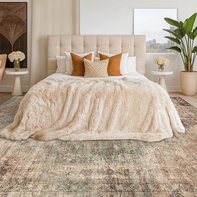 Low Pile Office Rugs for Rolling Chairs - 5x8 Modern Abstract Dark Rugs for Living Room, Large Entryway, Brown and Green with Burnt Orange Accent, Non Slip with Rubber Backed & Stain Resistant