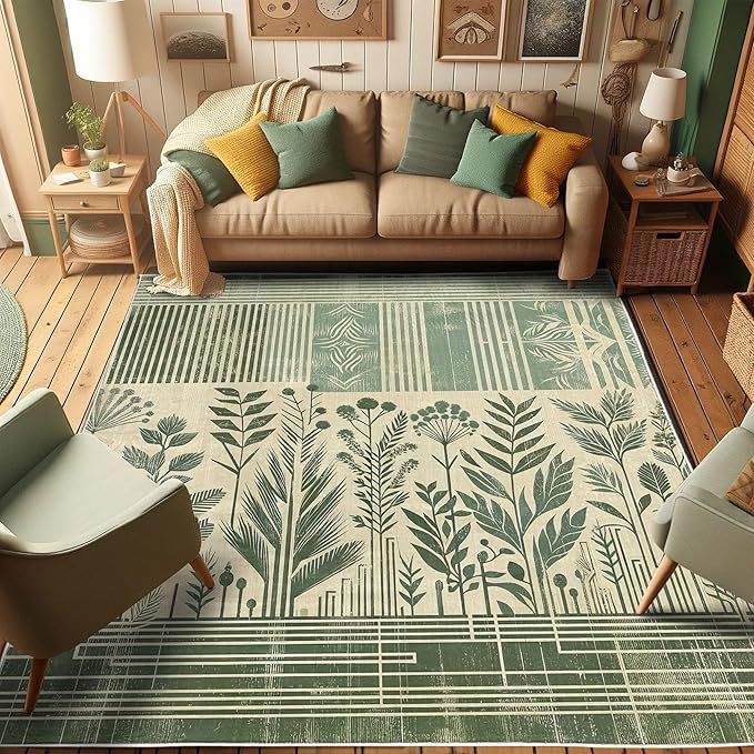 Ambesonne Leafy Design Decorative Rug, Boho Silhouettes of Jungle Leaves Grungy Stripes on Creamy Back, Quality Carpet for Bedroom Dorm and Living Room, 2' 2" x 3' 7", Laurel Green Champagne