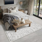 Grey 5x7 Area Rug Vintage Washable Living Room Carpet Non Slip Bedroom Indoor Office Low Pile Traditional Distressed Retro Accent Rug for Dining Room Bathroom Kitchen