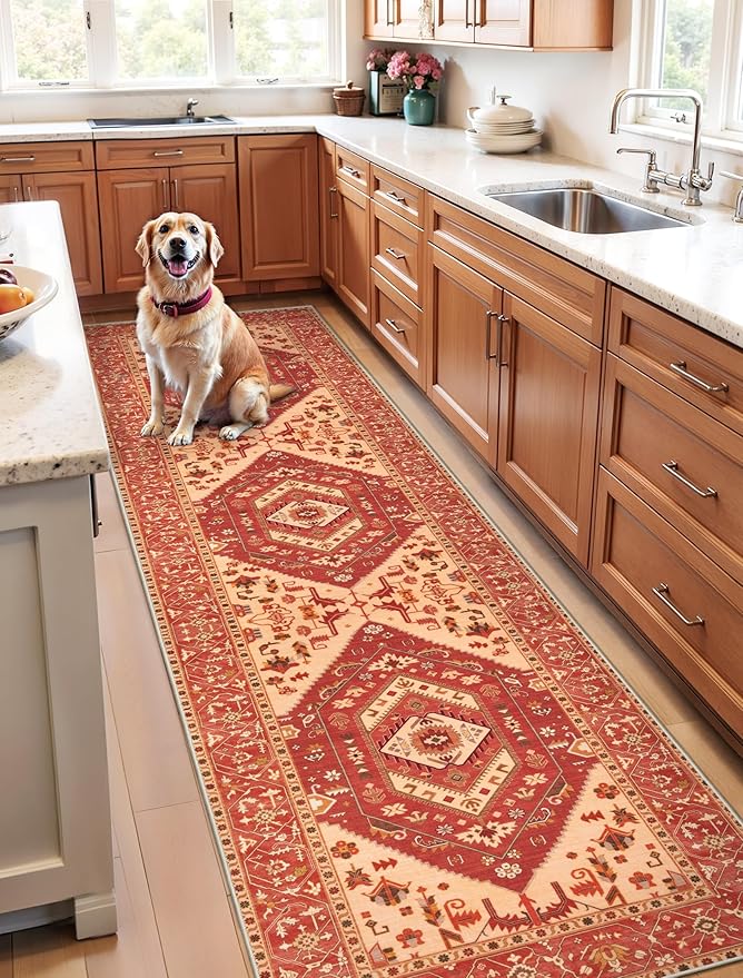 SERISSA Runner Rug for Hallways, 2'6"x10' Washable Non Slip Kitchen Runner Rug, Long Boho Rug Vintage Red Beige Hallway Stair Ultra Soft Print Floor Carpet for Bedroom Bathroom Laundry Room