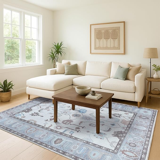 Fame Living Faded Oushak Rug, Turkish Vintage Floral Pastel Large Oversized Area Rugs for Living Room Dining Bedroom Kitchen Bathroom Nursery (854CGRY, 7'5" x 9'9")
