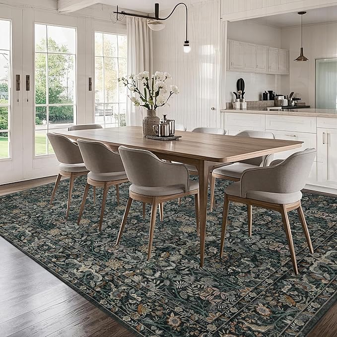 Washable Living Room Rug: 8x10 Boho Floral Soft Area Rug for Bedroom Decor - Vintage Low Pile Thin Carpet for Dining Room Non-Slip - Farmhouse Stain Resistant Rugs - Dark Green