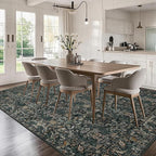 Washable Living Room Rug: 10x14 Boho Floral Soft Area Rug for Bedroom Decor - Vintage Low Pile Thin Carpet for Dining Room Non-Slip - Farmhouse Stain Resistant Rugs - Dark Green