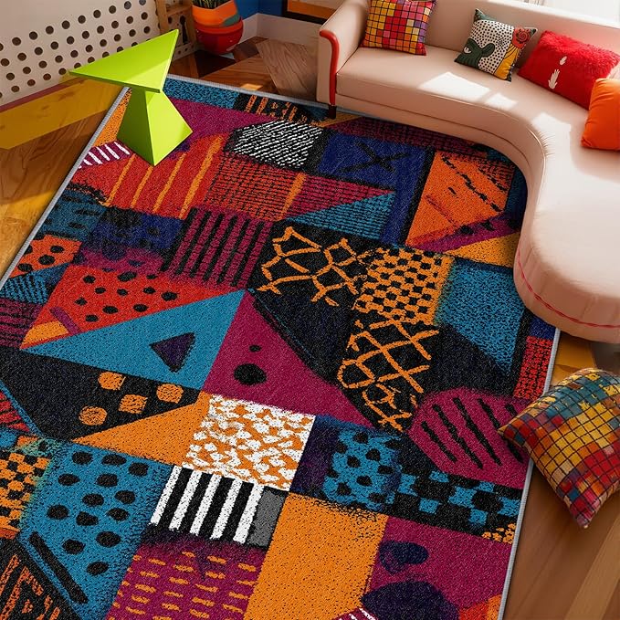Geometric Area Rugs - Abstract Patchwork Ethic Rug 4x5, Multicolor Retro Aesthetic High Traffic Shed Resistant Carpets Room Decor #C017