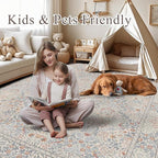 9x12 Floral Washable Area Rugs for Living Room, Vintage Boho Large Rug for Bedroom Dining Room， Distressed Botanical Birds Non Slip Low Pile Forest Animal Throw Carpet for Farmhouse Office, Beige Blue