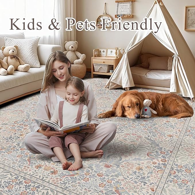 8x10 Floral Washable Area Rugs for Living Room, Vintage Boho Large Rug for Bedroom Dining Room, Distressed Botanical Birds Non Slip Low Pile Forest Animal Throw Carpet for Farmhouse Office, Beige Blue