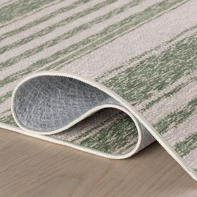 Dash & Albert Xaren Green Machine Washable Rug, 5 X 8 Feet, Green/Grey Stripe Pattern