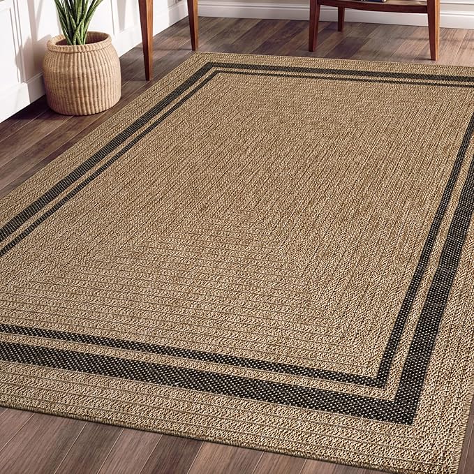 Beverly Rug Easy Jute Bordered Rug 10x14 Washable Large Indoor Outdoor Area Rugs for Living Dining Room Patio Office Stain Resistant Non Shedding Casual Indoor Outside Carpet 10 x 14 Natural