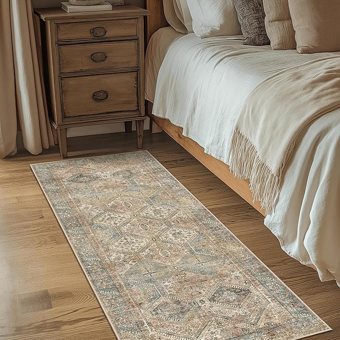 Bavni 2x7 Runner Rug Non Slip, Machine Washable Rug Runners for Hallways, Vintage Distressed Print Kitchen Runner, Low Pile Lightweight Carpet Runner for Entryway Laundry Bedroom Bathroom Wood Brown