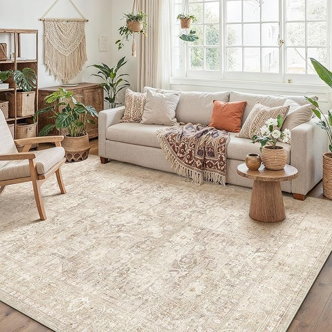 6x9 Beige Washable Area Rug for Living Room Bedroom Neutral Soft Non Slip Rug Low Pile Vintage Distressed Carpet for Dining Room Nursery Office Indoor