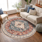 KOZYFLY Boho Round Rug 6 Ft Rugs for Entryway Washable Circle Rug Non Slip Doormat Rust/Orange/Blue Printed Faux Wool Vintage Round Entryway Rug Floor Carpet Round for Entrance, Bedroom