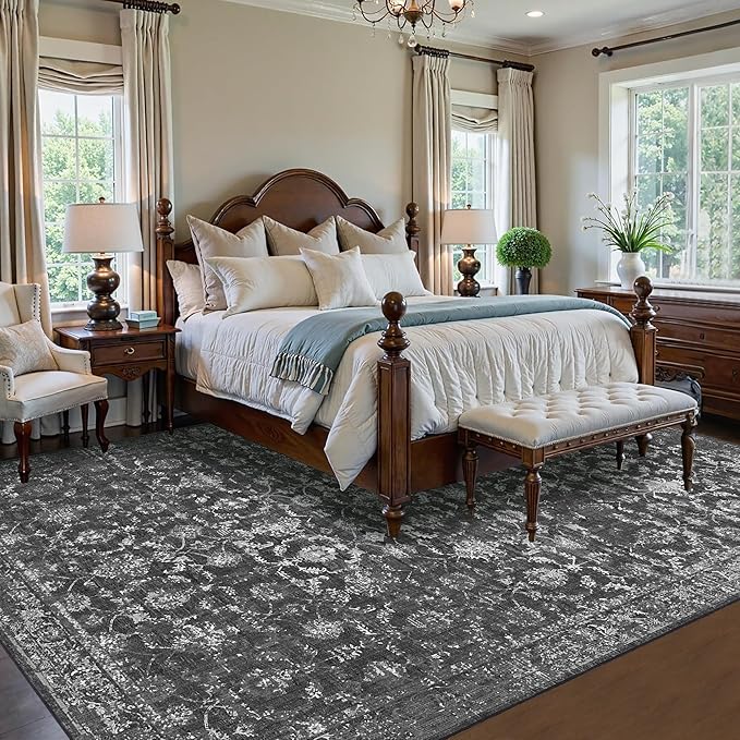 Washable Area Rug 9x12 Black Rugs for Living Room, Vintage Boho Large Rug for Bedroom Dining Room Office, Distressed Floral Print Carpet for Under Table, Soft Non Slip Low Pile Throw Carpet Indoor Mat