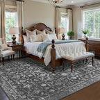 Washable Area Rug 9x12 Black Rugs for Living Room, Vintage Boho Large Rug for Bedroom Dining Room Office, Distressed Floral Print Carpet for Under Table, Soft Non Slip Low Pile Throw Carpet Indoor Mat