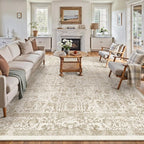 Light Brown Area Rug 10x12 Machine Washable Large Vintage Living Room Distressed Non Slip Carpet Traditional Indoor Bedroom Retro Floral Accent Throw Rug for Office Kitchen Dining Room