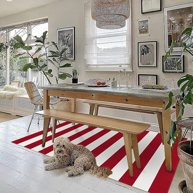 KOZYFLY Red White Striped Outdoor Rug 3x5 Ft Woven Christmas Area Rug Washable Front Door Rugs for Front Porch Kitchen Entryway Patio Dining Room Holiday Decor