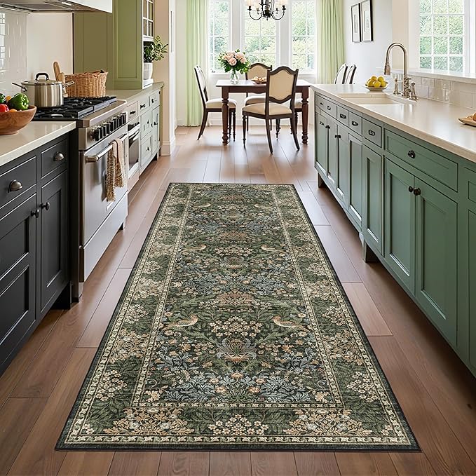 2.6x8 Floral Washable Area Rug Soft Runner Rugs for Kitchen, Vintage Boho Hallway Rug for Bedroom Dining Room, Botanical Birds Non Slip Low Pile Throw Carpet, Retro Gold/Green