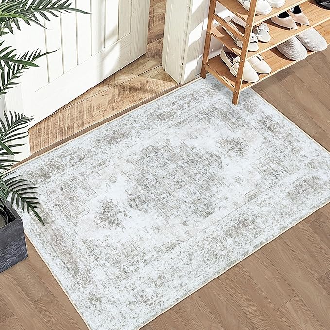 Entryway Rug 2x3 Vintage Rugs, Machine Washable Small Area Rug Retro Medallion Distressed Rugs Non-Slip Soft Low Pile Throw Rug for Entryway Bedroom Bathroom Hallway Kitchen(Taupe,2'x3')