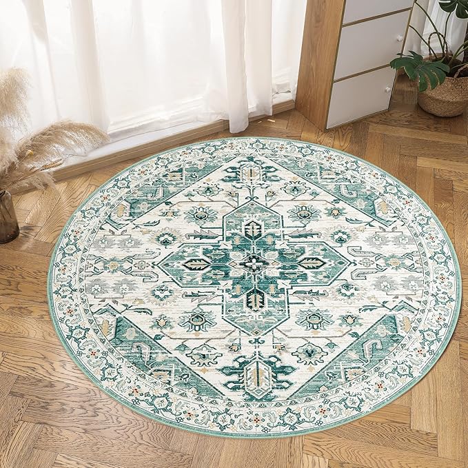 VK VK·LIVING Round Washable Rug 5'Ft Vintage Machine Washable Area Rugs with Non Slip Round Rugs for Living Room Bedroom Traditional Woven Carpet Stain Resistant Dining Office Boho Rug,Green&Beige