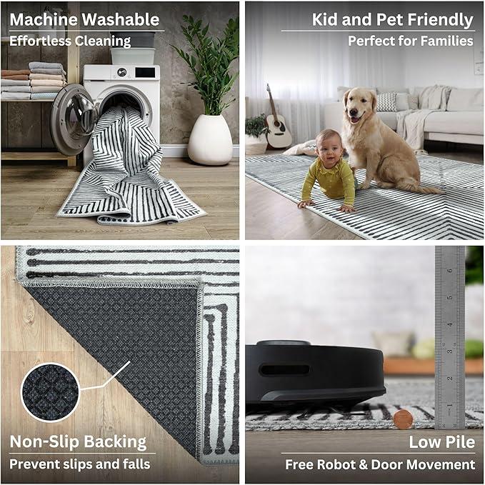 Bloom Rugs Washable Non-Slip 9' x 12' Rug - Black/Ivory Striped Area Rug for Living Room, Bedroom, Dining Room, and Kitchen - Exact Size: 9' x 12'
